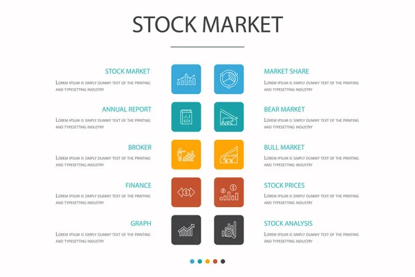 Фондовий ринок Інфографіка 10 варіант концепції. Брокер, фінанси, графік, ринок поділитися простими піктограмами — стоковий вектор