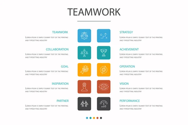 Lavoro di squadra Infografica 10 concetto di opzione. collaborazione, obiettivo, strategia, prestazioni semplici icone — Vettoriale Stock