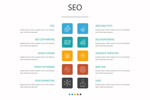 SEO Инфографика 10 вариант концепции. Поисковая система, ключевые слова Target, веб-аналитика, SEO-мониторинг — стоковый вектор