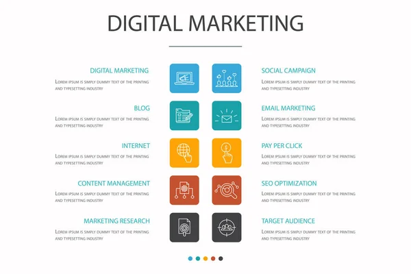 Optionskonzept für digitales Marketing Infografik 10. Internet, Marketing-Forschung, soziale Kampagne, Bezahlung per Klick einfache Symbole — Stockvektor