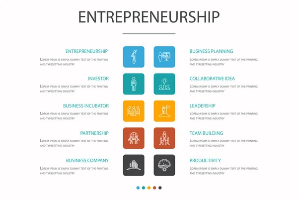 Entreprenörskap Infographic 10 alternativ koncept. Investerare, Partnerskap, Ledarskap, Team building enkla ikoner — Stock vektor