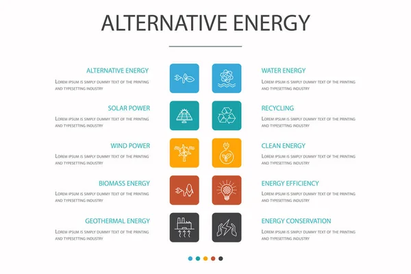 Koncepce alternativního energetického Infographic 10. Solární energie, větrná energie, geotermální energie, recyklace jednoduchých ikon — Stockový vektor