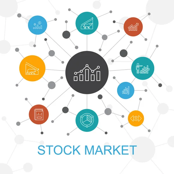 Mercado de ações conceito web na moda com ícones. Contém ícones como corretor, finanças, gráfico, quota de mercado —  Vetores de Stock