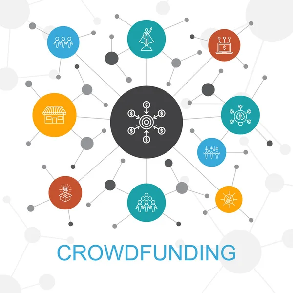 Crowdfunding concetto web alla moda con icone. Contiene icone come startup, lancio del prodotto, piattaforma di finanziamento, comunità — Vettoriale Stock
