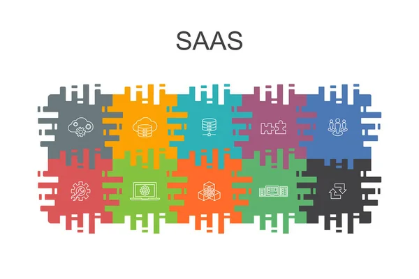 Plantilla de dibujos animados SaaS con elementos planos. Contiene iconos tales como almacenamiento en la nube, configuración, software, base de datos — Vector de stock