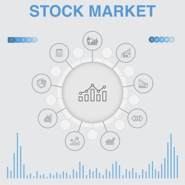 Simgeli borsa bilgileri. Komisyon, finans, grafik, pazar payı gibi simgeleri içerir