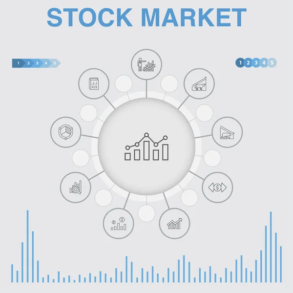 Инфографика фондового рынка с иконками. Содержит такие иконки, как брокер, финансы, график, доля рынка — стоковый вектор