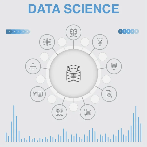 Infográfico de ciência de dados com ícones. Contém ícones como aprendizado de máquina, Big Data, Banco de dados, Classificação — Vetor de Stock