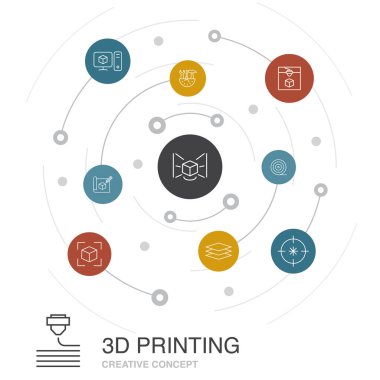 Basit simgelerle 3D renkli daire konsepti basmak. 3d yazıcı, filament, prototip, model hazırlama gibi elementler içerir