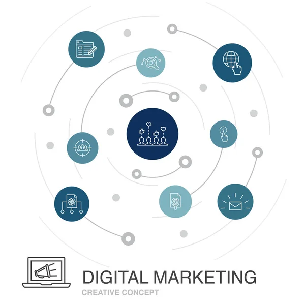 Digitales Marketing farbiges Kreiskonzept mit einfachen Symbolen. enthält Elemente wie Internet, Marketingforschung, soziale Kampagne, Bezahlung per Klick — Stockvektor
