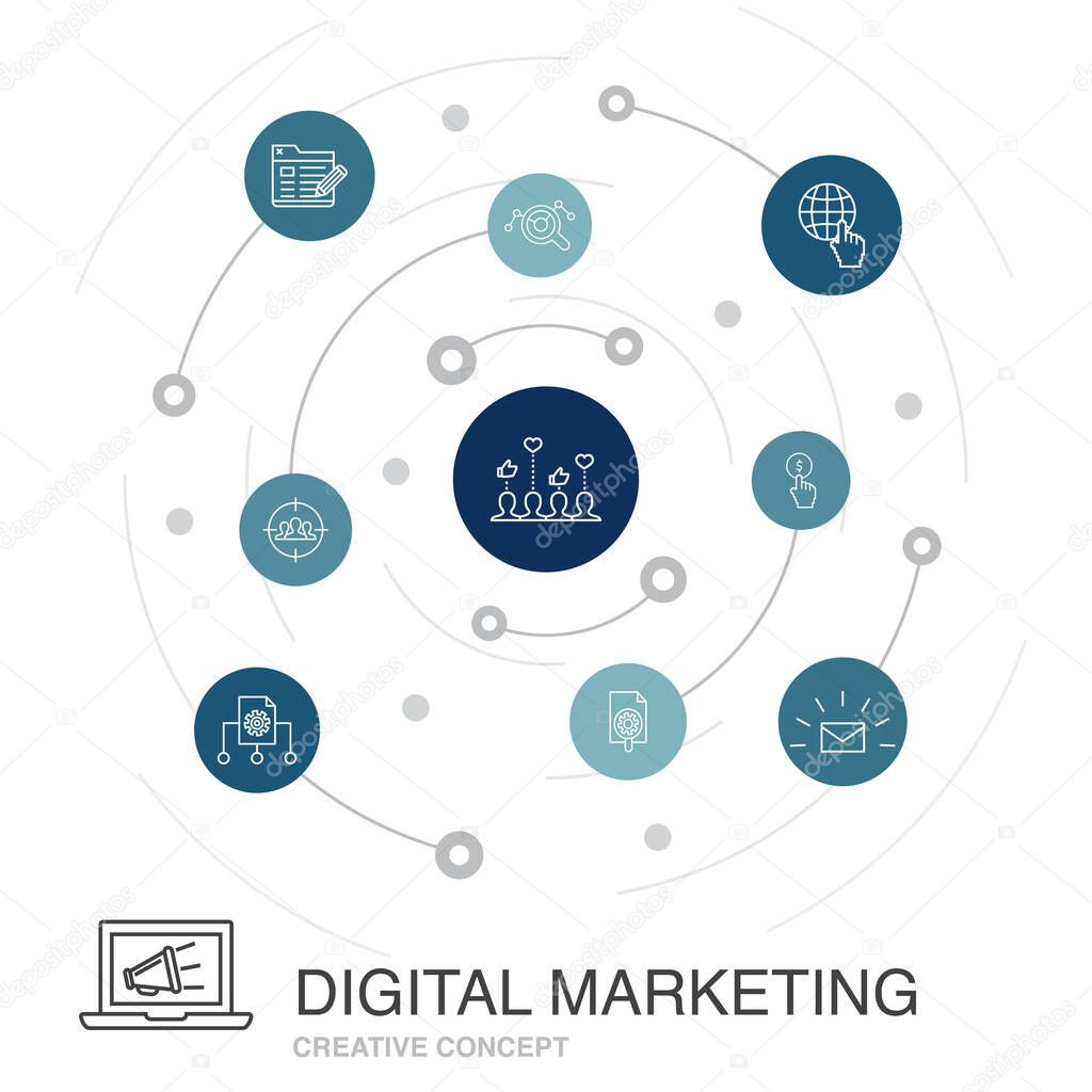Digital marketing colored circle concept with simple icons. Contains such elements as internet, Marketing research, Social campaign, Pay per click