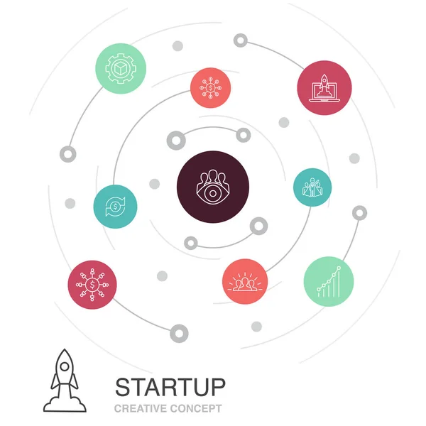 Concepto de círculo de color de inicio con iconos simples. Contiene elementos tales como Crowdfunding, lanzamiento del negocio, motivación, desarrollo del producto — Archivo Imágenes Vectoriales