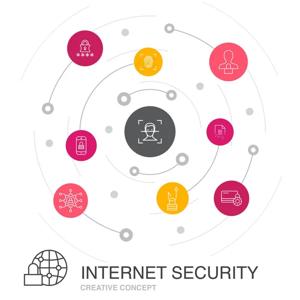 具有简单图标的网络安全彩色圈概念。 包含网络安全、指纹扫描仪、数据加密、密码等元素 — 图库矢量图片
