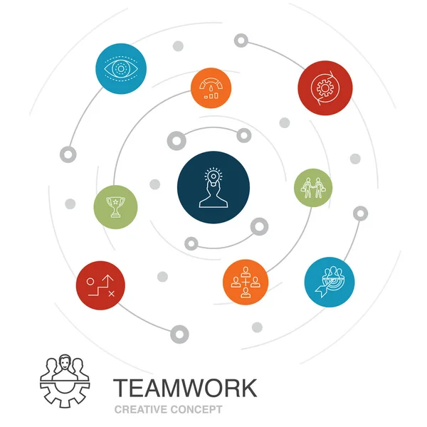 Teamwork gekleurde cirkel concept met eenvoudige pictogrammen. Bevat elementen als samenwerking, doel, strategie, prestaties — Stockvector