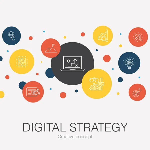 Modèle de cercle tendance de stratégie numérique avec des icônes simples. Contient des éléments tels que internet, référencement, marketing de contenu, mission — Image vectorielle