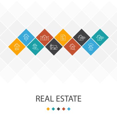 Emlak trendy Ui şablon infographics kavramı. Emlak, Emlakçı, yer, Satılık Emlak simgeleri