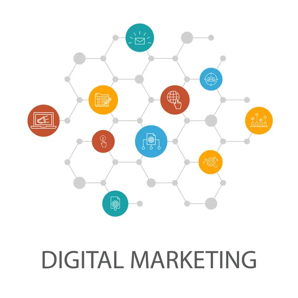 Vorlage für digitale Marketing-Präsentationen, Cover-Layout und Infografiken. Internet, Marketing-Forschung, soziale Kampagne, Pay-per-Click-Symbole — Stockvektor