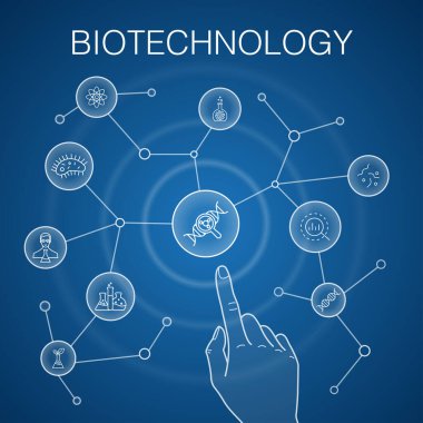Biyoteknoloji konsepti, mavi arka plan. DNA, Bilim, biyomühendislik, biyoloji simgeleri