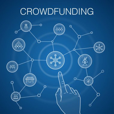 Kitle fonlama konsepti, mavi arka plan. başlangıç, ürün başlatma, finansman platformu, topluluk simgeleri