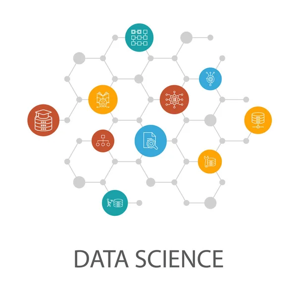 Πρότυπο παρουσίασης της επιστήμης δεδομένων, διάταξη κάλυψης και infographics. μάθηση μηχανής, Μεγάλα δεδομένα, βάση δεδομένων, εικονίδια ταξινόμησης — Διανυσματικό Αρχείο