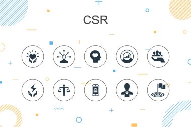 CSR trend Infographic şablonu. Sorumluluk, sürdürülebilirlik, etik, hedef simgelerine sahip ince çizgi tasarımı