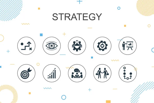 Estratégia modelo de Infográfico na moda. Design de linha fina com objetivo, crescimento, processo, ícones de trabalho em equipe — Vetor de Stock