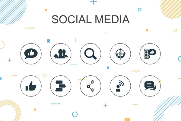 Modelo de Infográfico na moda de mídia social. Design de linha fina com ícones como, compartilhar, seguir, comentários — Vetor de Stock