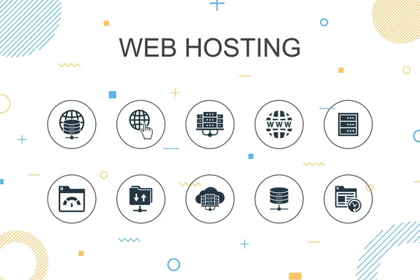 Web hosting modelo de Infográfico na moda. Design de linha fina com nome de domínio, largura de banda, banco de dados, ícones de internet — Vetor de Stock