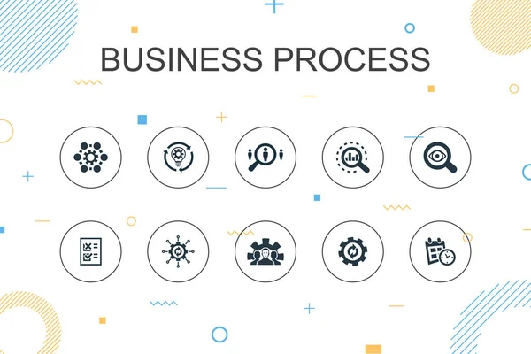 Processo de negócios modelo de Infográfico na moda. Design de linha fina com implementar, analisar, desenvolvimento, ícones de processamento —  Vetores de Stock