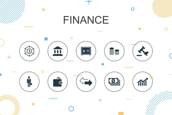 Plantilla de infografía de moda de finanzas. Diseño de línea delgada con Banco, Dinero, Gráfico, Iconos de intercambio — Vector de stock