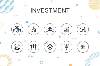 Yatırım trend Infographic şablonu. Kâr, varlık, pazar, başarı simgeleri içeren ince çizgi tasarımı