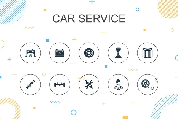 Plantilla de infografía de moda de servicio de coche. Diseño de línea delgada con freno de disco, suspensión, piezas de repuesto, iconos de transmisión — Vector de stock