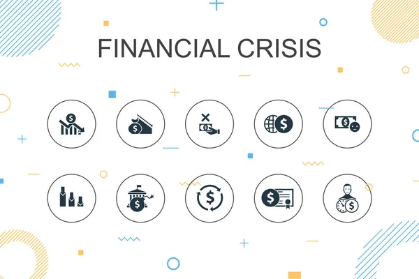 Crise financeira modelo Infográfico na moda. Projeto de linha fina com déficit orçamentário, empréstimos ruins, dívida pública, ícones de refinanciamento —  Vetores de Stock