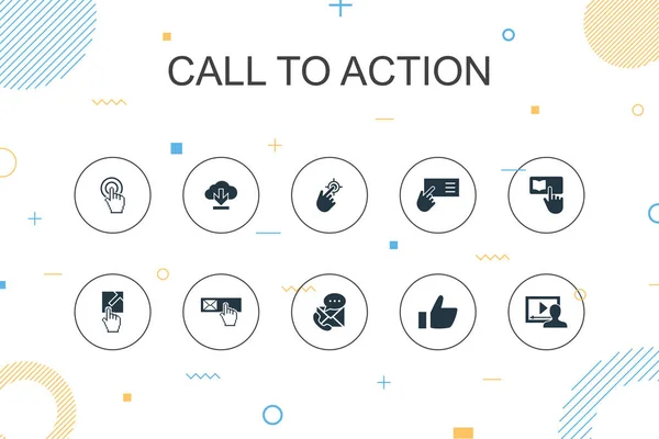 Call To Action trendy Infographic sjabloon. Dunne lijn ontwerp met download, klik hier, abonneren, contact met ons pictogrammen — Stockvector
