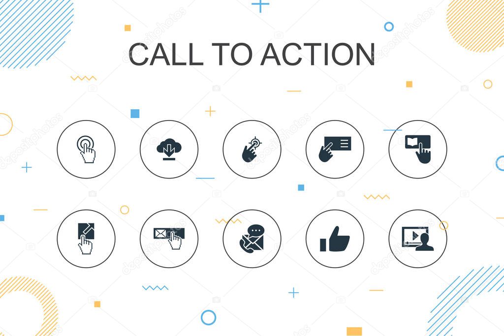 Call To Action trendy Infographic template. Thin line design with download, click here, subscribe, contact us icons