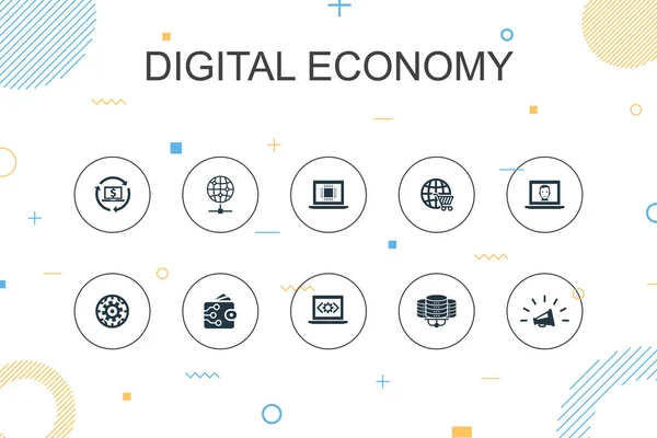 Digital ekonomi trendig Infographic mall. Tunn linje design med datateknik, e-affärer, e-handel, ikoner datacenter — Stock vektor