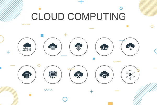 Cloud computing plantilla de Infografía de moda. Diseño de línea delgada con Cloud Backup, centro de datos, SaaS, iconos de proveedores de servicios — Vector de stock