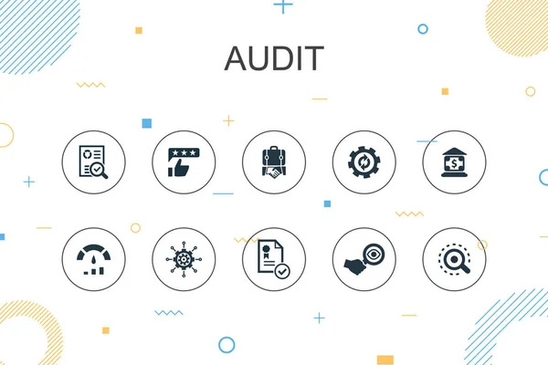 Auditoria modelo de Infográfico na moda. Design de linha fina com revisão, padrão, examinar, ícones de processo — Vetor de Stock