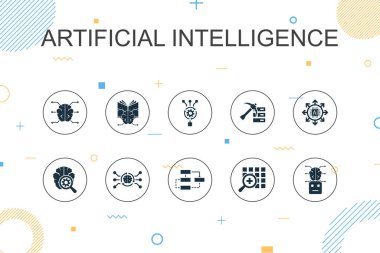 Yapay Zeka trend Infographic şablonu. Makine öğrenimi, Algoritma, Derin Öğrenme, Sinirsel Ağ simgeleri içeren ince çizgi tasarımı
