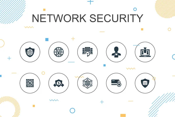 Network security trendy Modèle d'infographie. Conception en ligne mince avec réseau privé de groupe, confidentialité en ligne, système de sauvegarde, icônes de protection des données — Image vectorielle