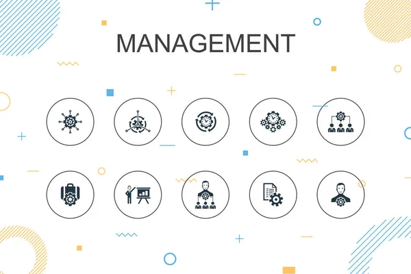 Modelo de Infográfico moderno de gestão. Design de linha fina com gerente, controle, organização, ícones de apresentação — Vetor de Stock