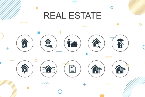 Immobilier modèle infographique à la mode. Conception de ligne mince avec propriété, agent immobilier, emplacement, propriété à vendre icônes — Image vectorielle