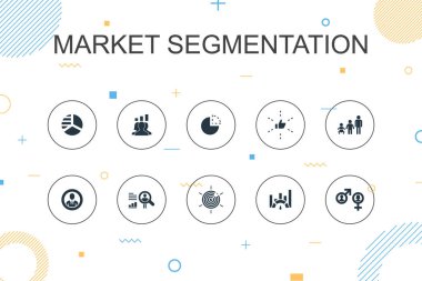 Piyasa segmentasyonu trend Infographic şablonu. İnce çizgi tasarımı demografi, segment, kriterleme, yaş grubu simgeleri