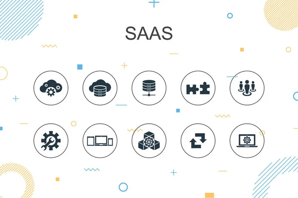 Saas modayı Infographic şablonu. Bulut depolama, yapılandırma, yazılım, veritabanı simgelerine sahip ince çizgi tasarımı — Stok Vektör