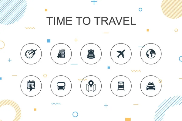 Čas cestovat trendy Infographic šablony. Design tenké linky s hotelovou rezervací, mapou, letadlem, ikonami vlaku — Stockový vektor