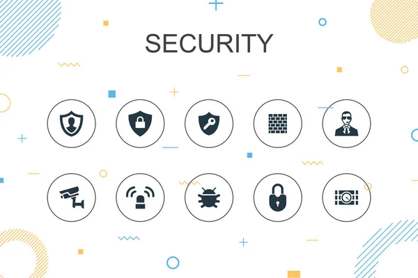 Modèle d'infographie à la mode de sécurité. Conception de ligne mince avec protection, caméra de sécurité, clé, icônes de bombe — Image vectorielle