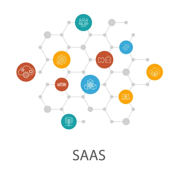 Plantilla de presentación SaaS, diseño de portada e infografías. almacenamiento en la nube, configuración, software, iconos de base de datos — Vector de stock