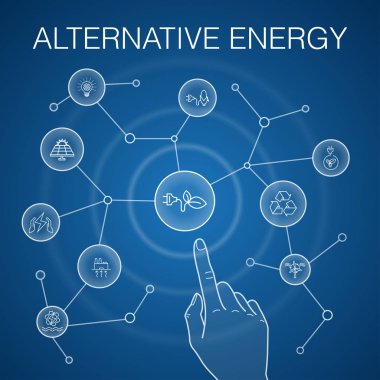 Alternatif enerji konsepti, mavi arka plan. Güneş enerjisi, Rüzgar enerjisi, jeotermal enerji, geri dönüşüm simgeleri