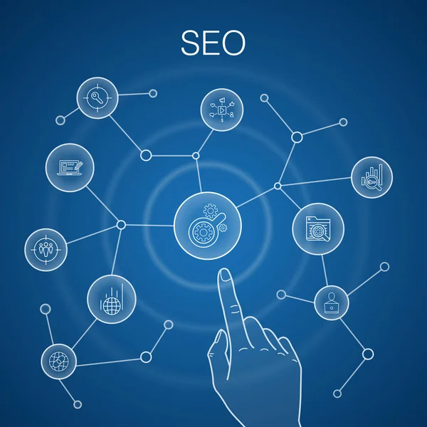 Концепция SEO, синий фон. Поисковая система, ключевые слова Target, веб-аналитика, SEO-мониторинг — стоковый вектор