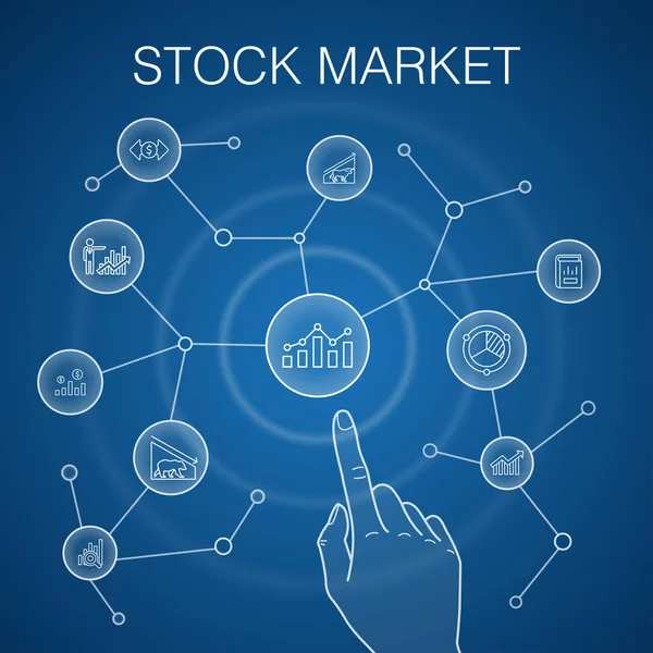 Tőzsdei koncepció, kék háttér. Bróker, pénzügy, grafikon, piaci részesedés ikonok — Stock Vector